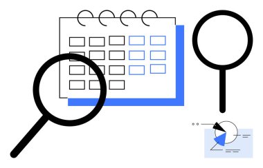 Büyüteç bir takvim ve veri tablosuna odaklanır, analizi, planlamayı ve organizasyonu temsil eder. Zamanlama, zaman yönetimi, strateji, araştırma, veri inceleme süreleri için ideal