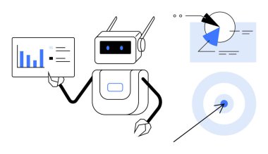 Robot veri tablosunu tutuyor, hedef üzerinde pasta grafiği ve ok analiz ediyor. Analiz, yapay zeka, otomasyon, makine eğitimi, veri görselleştirme, iş hedefleri teknolojisi için idealdir. Düz basit metafor