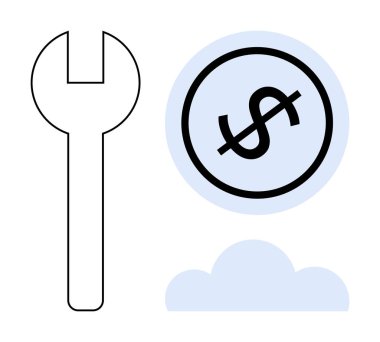 Bulutun üstündeki mavi çemberin içinde dolar sembolünün yanında anahtar var. Maliyet yönetimi, onarım giderleri, mali istikrar, sorun giderme, bütçe, bulut hizmetleri, düz basit metafor