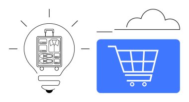 Organize bavullu ampul, mavi dikdörtgen üzerinde alışveriş arabası ve bulut. E-ticaret, seyahat planlaması, dijital pazarlar, yenilik, kolaylık, organizasyon için ideal düz metafor