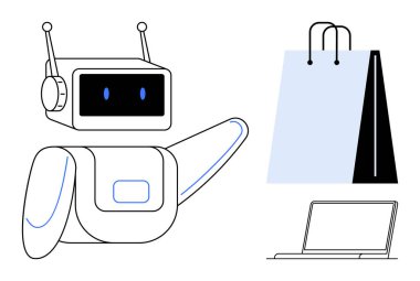 Robot, alışveriş torbası ve dizüstü bilgisayara el kol hareketi yapıyor, teknoloji ürünü online alışveriş yapıyor. E-ticaret, yapay zeka entegrasyonu, dijital perakende, otomasyon, yenilik, fütüristik mağazalar, müşteri