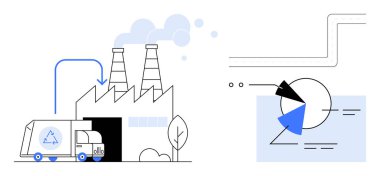 Ağaçlarla çevrili, bacalı fabrikaya geri dönüşüm kamyonu boşaltılıyor. Oklar ve çizelgeler ile soyut bilgi içerir. Sürdürülebilirlik, geri dönüşüm, çevre ve atık yönetimi için ideal