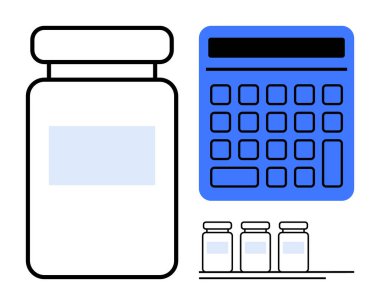 Hesap makineli büyük ilaç şişesi ve küçük şişeler sıra dizilip borsa yönetimini sembolize ediyor. Sağlık, eczane, bütçe, lojistik, izleme, organizasyon ve planlama için ideal. Düz