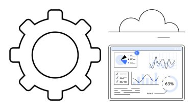 Bulut ve analiz panelinin yanındaki vites sembolü grafikler ve grafikler içeriyor. Veri analizi, bulut hesaplama, teknoloji, iş büyümesi, takım çalışması, yenilik ve optimizasyon için ideal. Düz