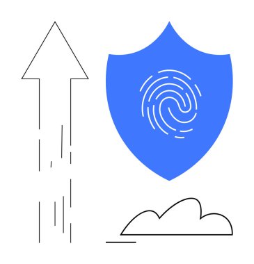 Üzerinde parmak izi olan mavi bir kalkan, yukarı doğru ok, bulut. Siber güvenlik, veri koruması, teknoloji, büyüme, bulut hesaplama gizlilik buluşları için idealdir. Düz basit metafor