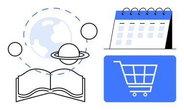 Güneş sistemi yörüngeli açık bir kitap, takvim çizelgesi ve alışveriş arabası. Eğitim, organizasyon, e-ticaret, astronomi, online öğrenme ve bilgi paylaşımı için ideal. Düz