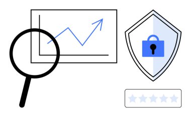 Yukarı bakan bir grafiğin üzerinde büyüteç, kilitli bir kalkan ve 5 yıldızlı bir not. Veri analizi, siber güvenlik, müşteri geribildirimi, iş büyümesi, koruma, mali değerlendirme kalitesi için ideal