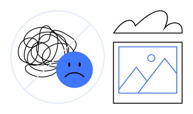 Etrafı kaotik karalamalarla çevrili mavi üzgün yüz, sakin manzara resimleriyle eşleştirilmiş. Zihinsel sağlık, berraklık, odaklanma, denge, duygusal refah, farkındalık, görsel hikaye anlatma için ideal