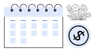Bir dolar ve çiçek açan çiçeklerle birlikte spiral bir takvim aç. Zaman yönetimi, bütçe planlaması, mali planlama, iş, kişisel büyüme, tasarruf ve verimlilik için ideal. Düz basit metafor