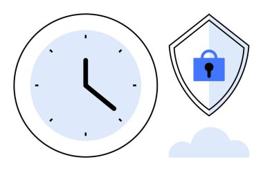Saat, kalkanda kilit ve bulut. Zaman yönetimi, siber güvenlik, veri koruması, bulut hesaplama, güvenli erişim dijital güvenlik verimliliği için ideal. Soyut çizgi düz metafor
