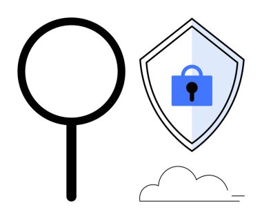 Büyüteç, mavi kilitli kalkan ve bulut. Siber güvenlik, çevrimiçi gizlilik, veri koruması, güvenli bulut depolama, dijital araştırmalar güvenli tarama ve şifreleme için ideal. Soyut