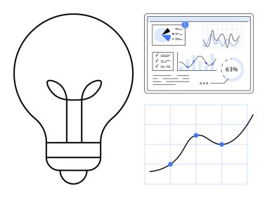 Analitik gösterge panelinin yanında ampul ve yükselen grafik. Yenilik, veri, strateji, büyüme, analiz, ilerleme, iş başarısı için idealdir. Asgari düz metafor