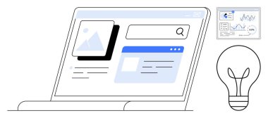 Ampulün yanında arama çubuğu, kart ve analiz panelini gösteren dizüstü bilgisayar. Yenilik, araştırma, yaratıcılık, analitik, üretkenlik, beyin fırtınası dijital strateji düzlüğü için idealdir