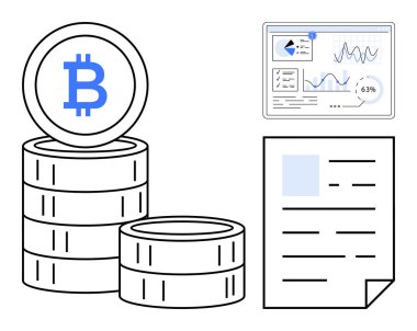 Bitcoin logosu, veri analizi gösterge paneli ve finansal teknolojiyi temsil eden belge içeren şifreli paralar yığılmış. Kripto para birimi, blok zinciri, fintech, yatırım, ticaret için ideal