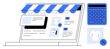 Dizüstü bilgisayar ekranında çevrimiçi mağaza önü, ürünler, alışveriş arabası simgeleri ve indirim etiketleri. Hesap makinesi ve yüzde vurgu maliyet yönetimi. Çevrimiçi alışveriş, perakende, pazarlama, satış için ideal