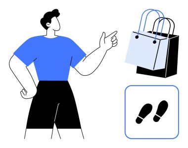 Alışveriş torbalarını işaret eden adam, tüketici davranışını ve yön tarifini gösteriyor. Pazarlama, perakende satış, e-ticaret, alışveriş rehberliği, tüketici davranışı, satış stratejisi, yol bulma için ideal