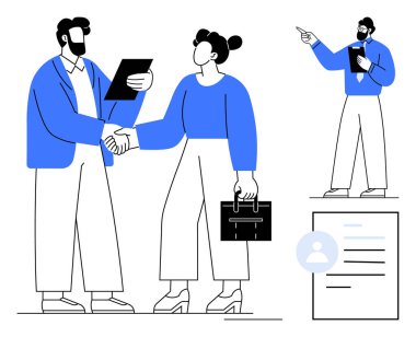 Resmi giyinmiş profesyoneller evrak incelerken el sıkışıyorlar, evrak çantası tutuyorlar. İş adamı kendinden emin bir şekilde sunar. Takım çalışması, işbirliği, liderlik, anlaşmalar, sözleşmeler için ideal