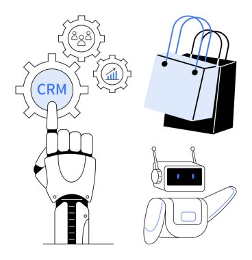 Robot el, CRM teçhizatı, alışveriş torbaları ve robot çizimleriyle etkileşime giriyor. Otomasyon, yapay zeka, CRM sistemleri, e-ticaret, veri analiz teknolojisi müşteri yönetimi için ideal. Soyut