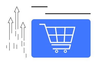 Mavi dikdörtgenli alışveriş arabası, yukarı doğru büyümeyi, başarıyı ve ilerlemeyi sembolize eden oklarla eşleştirildi. İş için ideal, çevrimiçi alışveriş, pazarlama, satış, analitik, trendler düz basit metafor