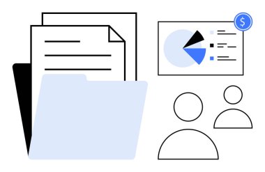 Finansal ölçüleri ve soyut kullanıcı simgeleri olan bir pasta grafiğinin yanında klasör ve belgeler. Finans, iş planlaması, takım çalışması, veri analizi, proje raporlaması, kaynak yönetimi, daire