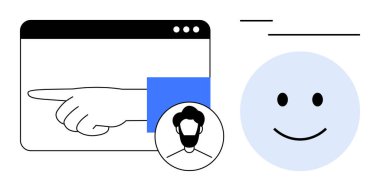 Kullanıcı avatarı ve gülen yüzlü, yönü ve olumlu bağlılığı simgeleyen bir tarayıcı penceresini işaret ederek. İletişim, talimat, navigasyon, kullanıcılar, geri bildirim, arayüz için ideal