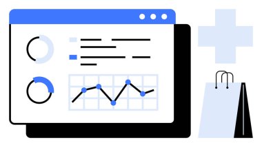 Grafikleri, dairesel grafikleri ve veri eğilimlerini gösteren analitik gösterge paneli. Tıbbi haç sembolü ve alışveriş çantası perakende ve ilaç temalarını birleştirir. Sağlık, pazarlama ve ticaret için ideal