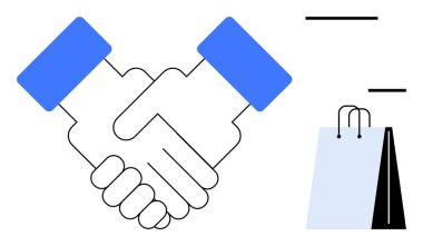 Anlaşma ve güveni temsil eden el sıkışma, ticaret, ticaret ve işbirliğini sembolize eden bir alışveriş çantasının yanında. Ortaklık, iş, güven, ticaret, alışveriş takım çalışması pazarlığı için ideal