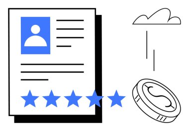 Profil belgesi, avatar ve detaylar, beş mavi yıldız, madeni ödülü vurgulayan madeni para sembolü, soyut bulut. Geri bildirim, inceleme, profil derecelendirme, değerlendirme, başarı değerlendirmesi için ideal