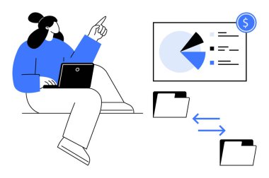 Pasta grafiği verilerini analiz ederken dizüstü bilgisayarda çalışan bir kadın. Dizin simgeleriyle dosya paylaşım kavramını içeriyor. İş analizleri, dosya yönetimi, takım çalışması, veri görselleştirmesi, uzaktan kontrol için ideal