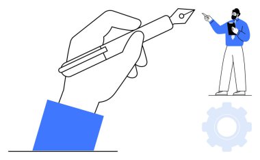 Dolma kalemle el çizimi, iş adamı pano ve teçhizatı zemin olarak tutan fikirleri sunuyor. Yaratıcılık, takım çalışması, eğitim, iş stratejisi, planlama, üretkenlik, yenilik için ideal