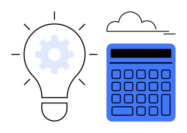 Hesap makinesinin yanındaki dişli ampul bulut altında çözümleri, yenilikleri ve teknolojiyi sembolize ediyor. Yaratıcılık, finans, problem çözme, dijital araçlar, eğitim, planlama için ideal