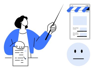Bir web sayfası düzenini işaretleyici kullanarak açıklarken elinde belge tutan kişi. Eğitim, web tasarımı, dersler, dijital eğitim, sunumlar, online öğretim ve rehberlik için idealdir. Düz basit