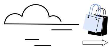 Bulutlar alışveriş torbalarının üzerinde geziniyor, ok sağ tarafı işaret ediyor online alışverişi, bulut hesaplamasını simgeliyor. E-ticaret, dijital perakende, bulut hizmetleri, dağıtım lojistiği ve dijital için ideal