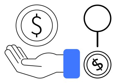 Dolar simgesi ile madeni paraya uzanmak, analizi ya da mali araştırmayı sembolize etmek. Yatırım, iş, bankacılık, tasarruf, ekonomi, finansal analiz zenginliği için idealdir. Düz basit metafor