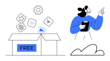 Uygulama simgeleri, alışveriş arabası, ayarlar, ve ücretsiz işaretlenmiş bir kutudan fırlayan küre. Tablet tutan ve el kol hareketi yapan figür. Teknoloji, yaratıcılık, uygulamalar, indirmeler, inovasyon için ideal