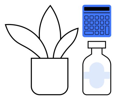 Mavi hesap makinesi ve ilaç şişesinin yanında saksı bitkisi sağlık, finans ve iş hayatı dengesini ön plana çıkarıyor. Sağlık, bütçe, verimlilik, basitlik, ofis, çevre bilinci için ideal basit