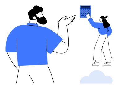 Profesyonel figürler, büyük bir hesap makinesi kullanarak tartışıyorlar. Takım çalışması, üretkenlik, planlama, finans, eğitim ve yenilik iletişimi için ideal. Açık düz basit metafor