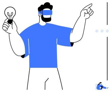 Sanal gerçeklik kulaklığı takan bir adam parlayan bir ampul tutuyor ve interaktif bir ekranı işaret ediyor. Teknoloji, yenilik, yaratıcılık, sanal gerçeklik, gelecek temalar için ideal