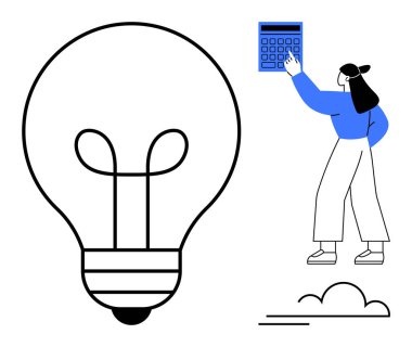 Büyük ampulün yanındaki hesap makinesini işaret eden kadın problem çözme ve parlak fikirleri işaret ediyor. Yaratıcılık, yenilik, teknoloji, iş stratejisi, finans, eğitim, takım çalışması için ideal