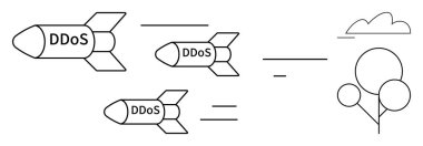DDoS saldırı füzeleri balonlar ve bulutlar tarafından temsil edilen bir hedefe doğru uçuyor. Siber güvenlik, tehdit, veri koruması, teknoloji riski, ağ güvenliği, siber suç, düz metafor