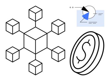 Engelleme ağındaki küpleri dijital para ikonu, soyut veri analiz tablosu. Engelleme zinciri, kripto para birimi, finans, ademi merkeziyet, teknoloji yenilik yatırımı için ideal. Düz