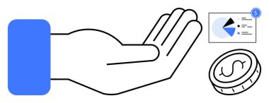 Açık el maviyle işaretlenmiş, finansal göstergelerle birlikte turta grafiği ve bir dolar para. Finans, yatırım, hayır, tasarruf, ekonomik büyüme iş destek ödeme kavramları için idealdir. Temiz daire