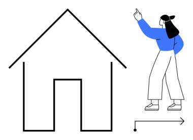 Evin ana hatlarını gösteren minimalist bir figür ve yön bulma ya da ilerlemeyi gösteren bir ok. Gayrimenkul, mimari, rehberlik, basitlik, ev sahipliği, planlama, düz basit