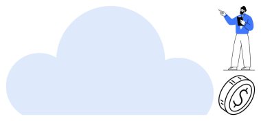 Büyük bulut grafiği. Bir işadamı elinde tablet tutuyordu. Yanında da bir dolar işareti olan bozuk para vardı. Finans, teknoloji, bulut depolama, dijital ekonomi ve iş stratejisi için ideal