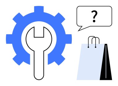 İçerideki teçhizat, alışveriş çantası ve soru işaretli konuşma balonu sorun çıkarmayı, müşteri desteğini ya da servisi akla getiriyor. İş için ideal, e-ticaret, bakım, problem çözmede yardım