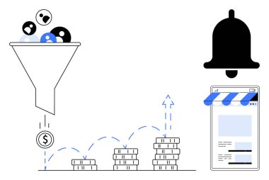 İnsanları gelir filtreleme hunisi, para yığınlarının artması, e-ticaret mağazası sayfası ve bilgilendirme zili. Pazarlama, satış, e-ticaret, optimizasyon, iş stratejisi dijital için ideal