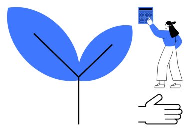 Hesap makinesi kullanan bir kadın, büyük mavi bir yaprak ve sürdürülebilirlik, hesaplama ve yetiştirme konusunda açık bir el. Finans, ekoloji, büyüme, çevre analizi için ideal düz metafor