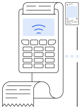 Kablosuz ödeme sembollü POS makinesi fatura yazdırırken akıllı telefona bağlanıyor. Finans, teknoloji, ödeme çözümleri, e-ticaret, kablosuz teknoloji, mobil entegrasyon, modern