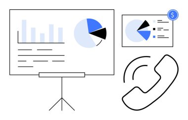 Grafikler, pasta grafikleri, ve iletişim gösteren bir telefon simgesi olan ekranlardaki istatistiksel veriler. Veri analizi, iş stratejisi, mali raporlar, sunumlar, satış aramaları, danışmanlık için ideal