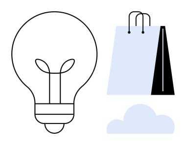Fikirleri sembolize eden ampul, e-ticaret için alışveriş torbası, dijital depolama için bulut. İş için ideal, yenilik, teknoloji, e-ticaret, yaratıcılık sürdürülebilirliği çevrimiçi çözümler. Düz basit